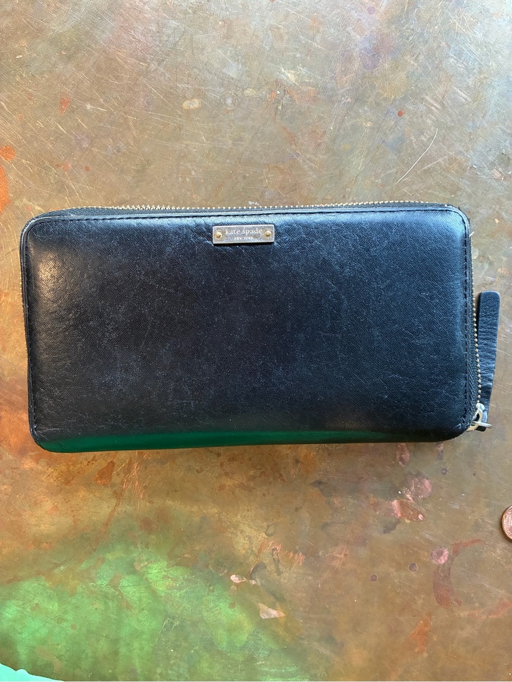 kate spade Black Zip-Around Leather Wallet with Silver Hardware